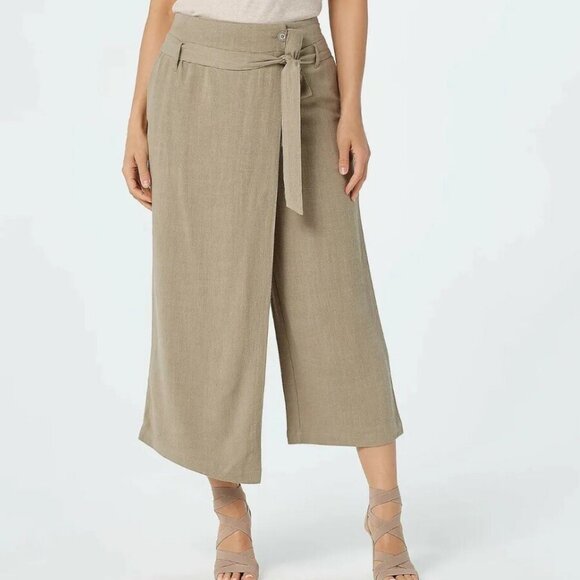 Du Jour Tan Linen Blend Wrap Overlay Crop Pants M - Picture 2 of 10